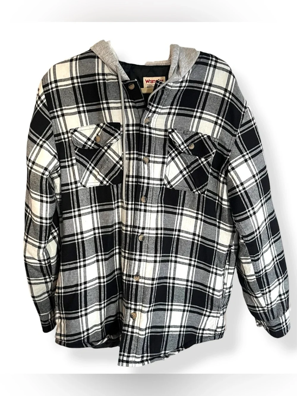 Wrangler Men's Black & White Plaid Hooded Flannel Shacket, M